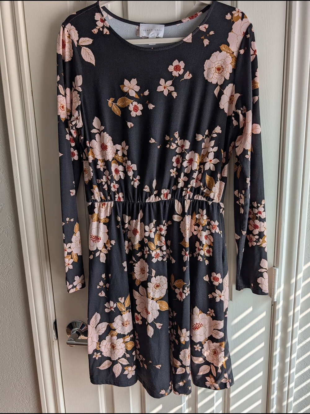 French Grey Black Floral Long Sleeve Dress